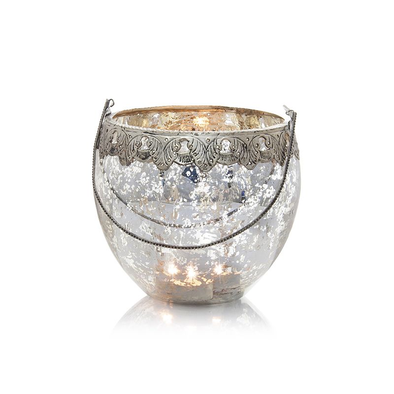 Žvakidė stiklinė sendinto stiklo  su metalo dekoru GW-24662 19x19x17 SAVEX