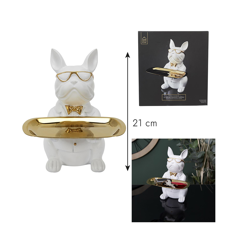 Figūrėlė keramikinė Buldogas su padėklu baltos sp. 21 cm Home Deco HD1322