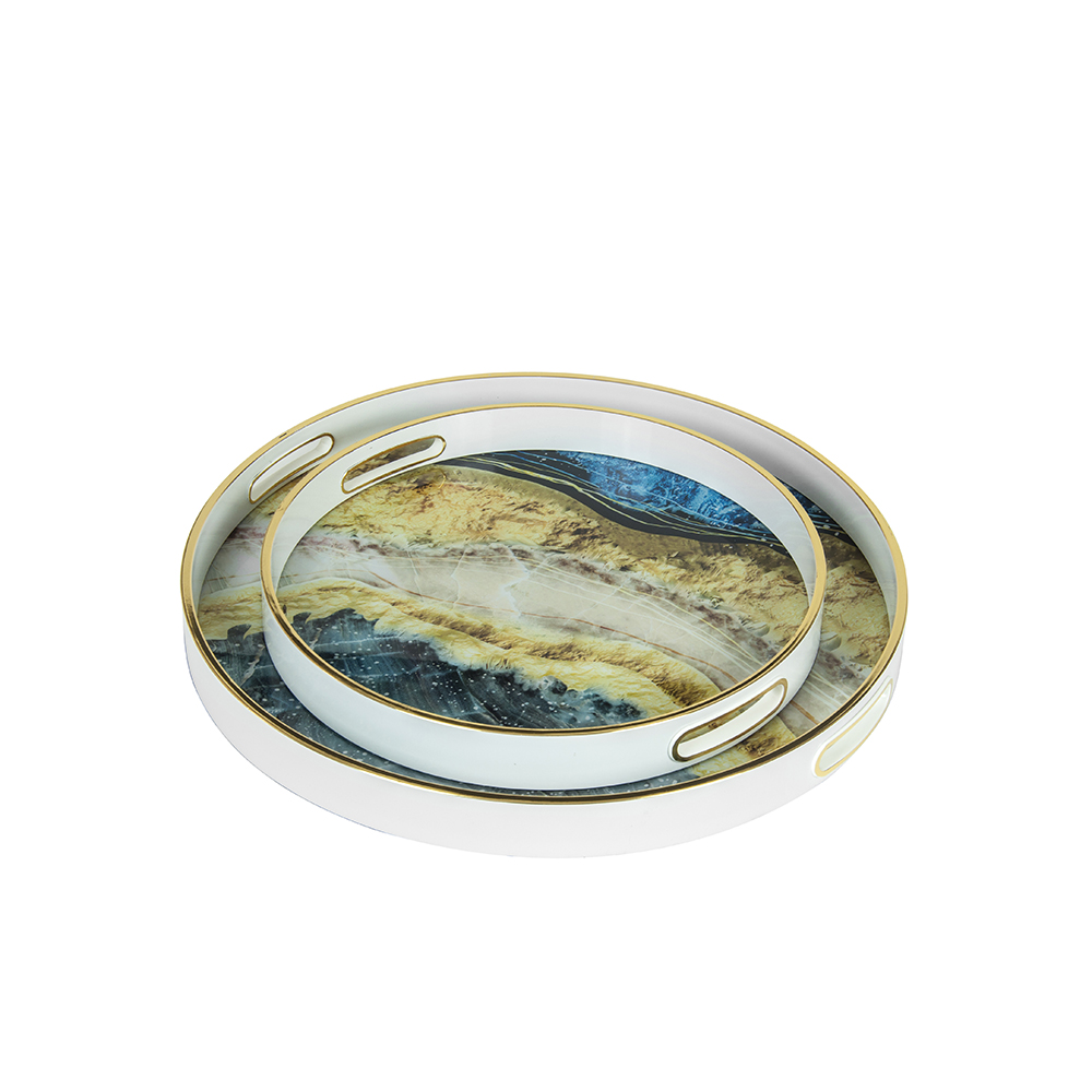 Padėklai 2 vnt. su stiklu apvalūs 45x45x4 (36x36x4) cm MARBLE