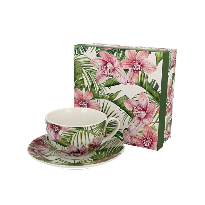 Puodelis ir lėkštute dėžutėje su orchidėjų piešiniu 250 ml 5902693915492  psb