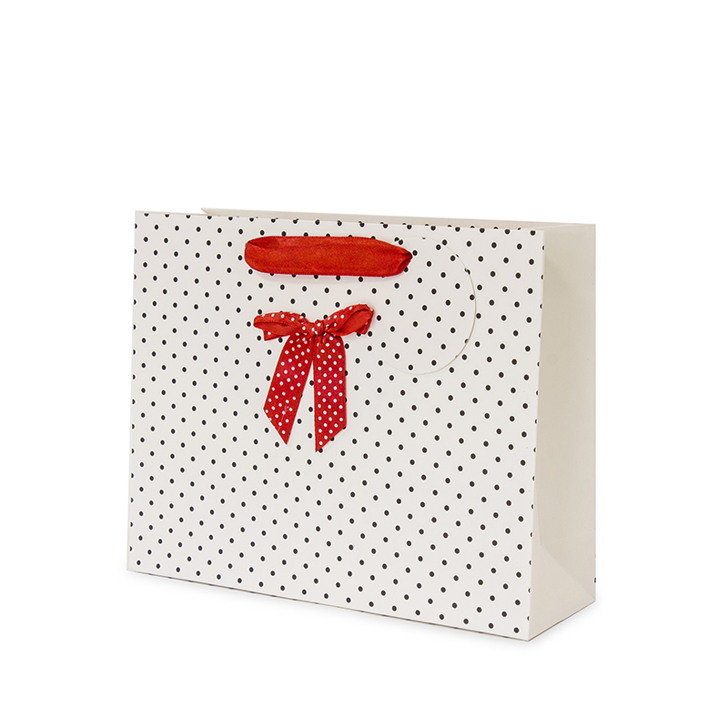 Maišelis dovanoms baltas su juodais taškeliais 20x25x8 cm 93948