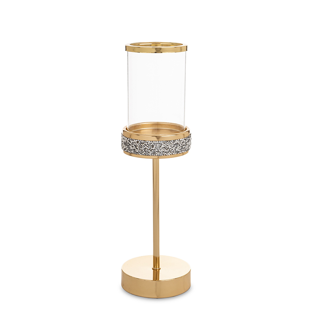 Žvakidė metalinė/stiklinė aukso spl. 34x10x10 cm