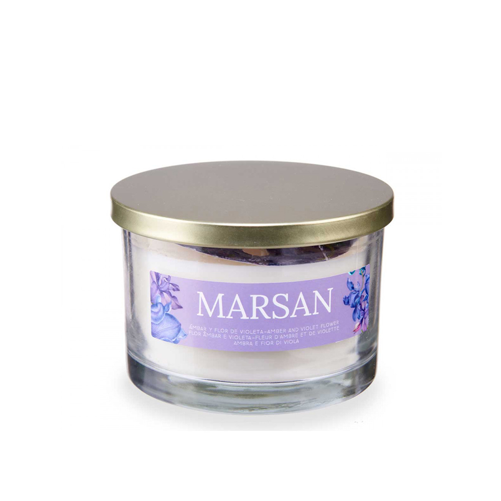 Žvakė stikliniame indelyje gintaro ir našlaičių kv. D12,5 cm Acorde 86469