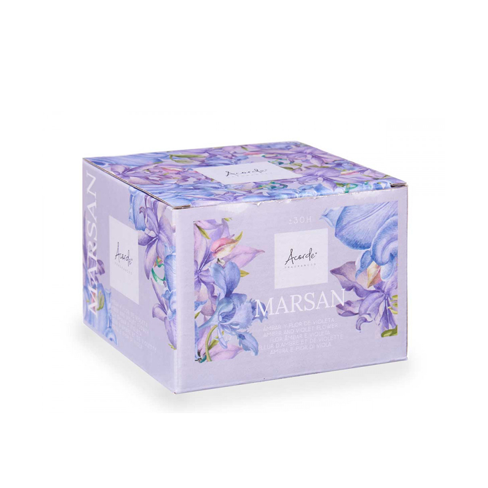 Žvakė stikliniame indelyje gintaro ir našlaičių kv. D12,5 cm Acorde 86469