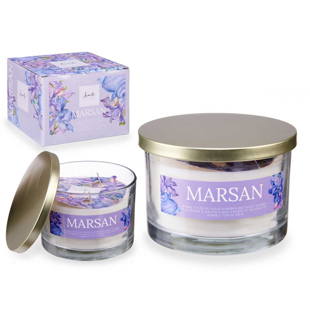 Žvakė stikliniame indelyje gintaro ir našlaičių kv. D12,5 cm Acorde 86469